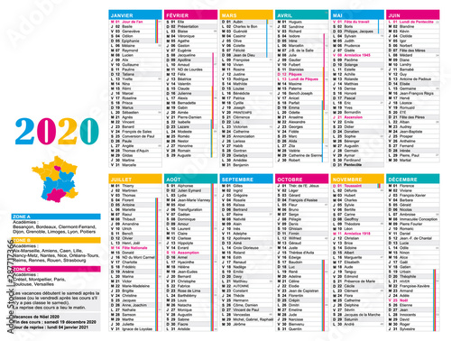 Calendrier 2020 multicolore France avec jours fériés, nombre de semaines et vacances scolaires.