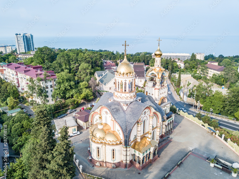 Aerial view of Church of the Holy Prince Vladimir on Mount Grapevine and seascape, Sochi, Russia.