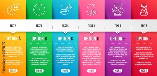 Augmented reality, Hold heart and Hourglass line icons set. Infographic timeline. Cooking water, Time and Oculist doctor signs. Virtual reality, Care love, Sand watch. Glass. Business set. Vector
