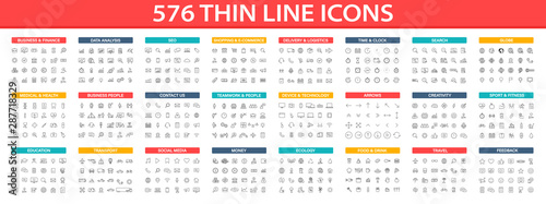 Big collection of 576 thin line icon. Web icons. Business, finance, seo, shopping, logistics, medical, health, people, teamwork, contact us, arrows, technology, social media, education, creativity.