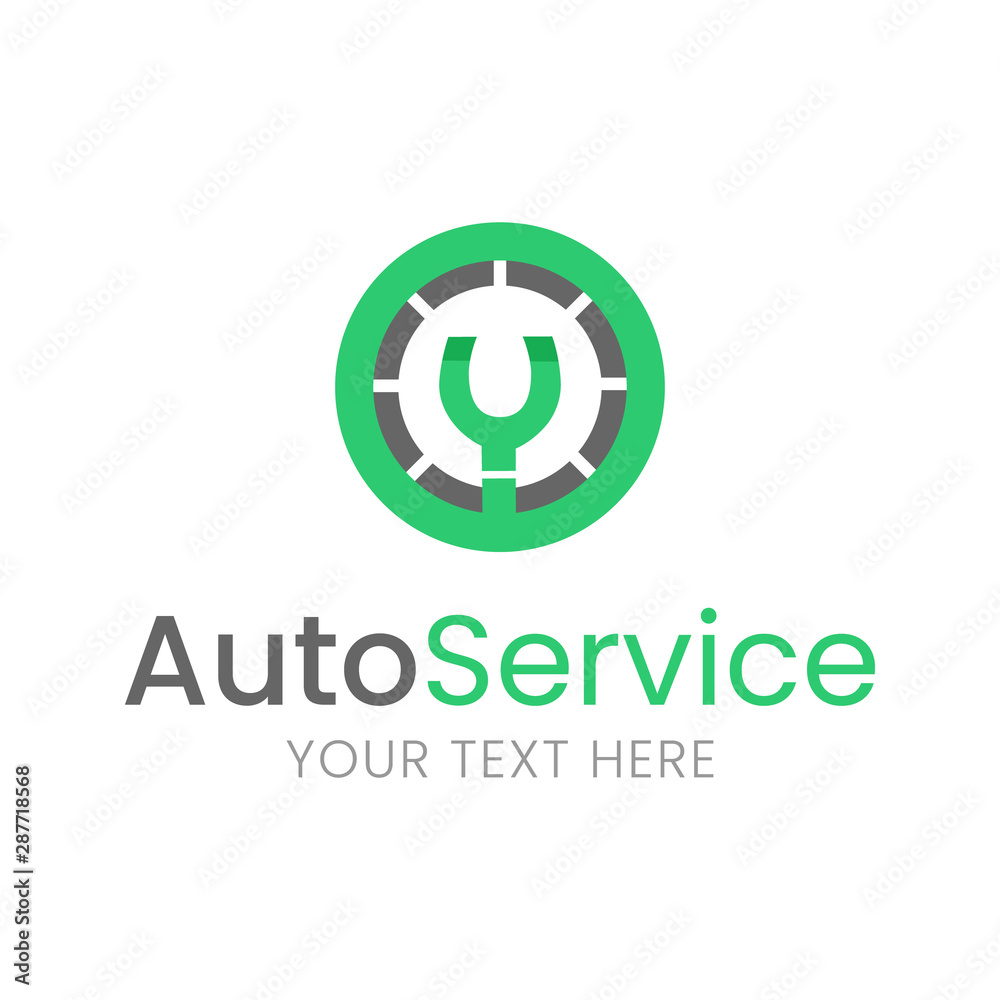 Auto service vector logo. Car, tyre repair, mechanic company symbol with text. Grey and green spanner, wrench round illustration icon.