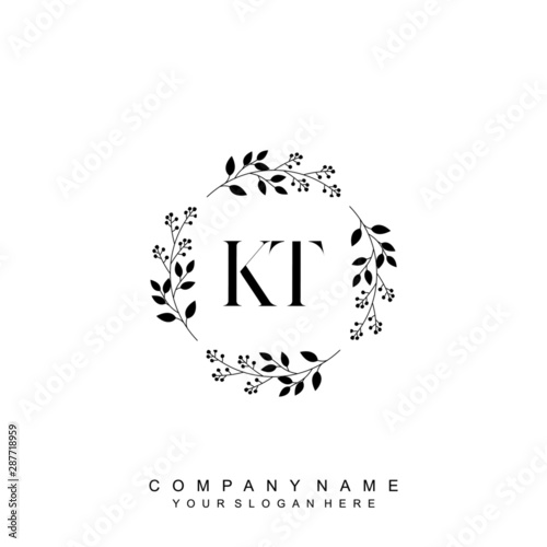 letter KT surrounded by beautiful and elegant flowers and leaves. Wedding monogram logo template. Fashion Logo template Vectors,