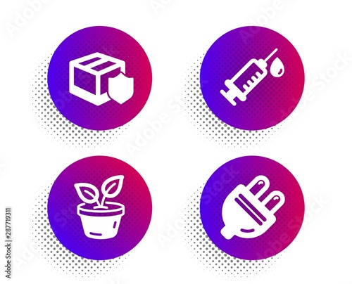 Medical syringe, Delivery insurance and Leaves icons simple set. Halftone dots button. Electric plug sign. Vaccination, Parcel protection, Grow plant. Energy. Business set. Vector