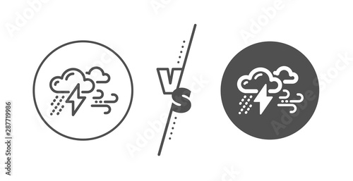 Bad weather sign. Versus concept. Clouds with raindrops, lightning, wind line icon. Line vs classic bad weather icon. Vector