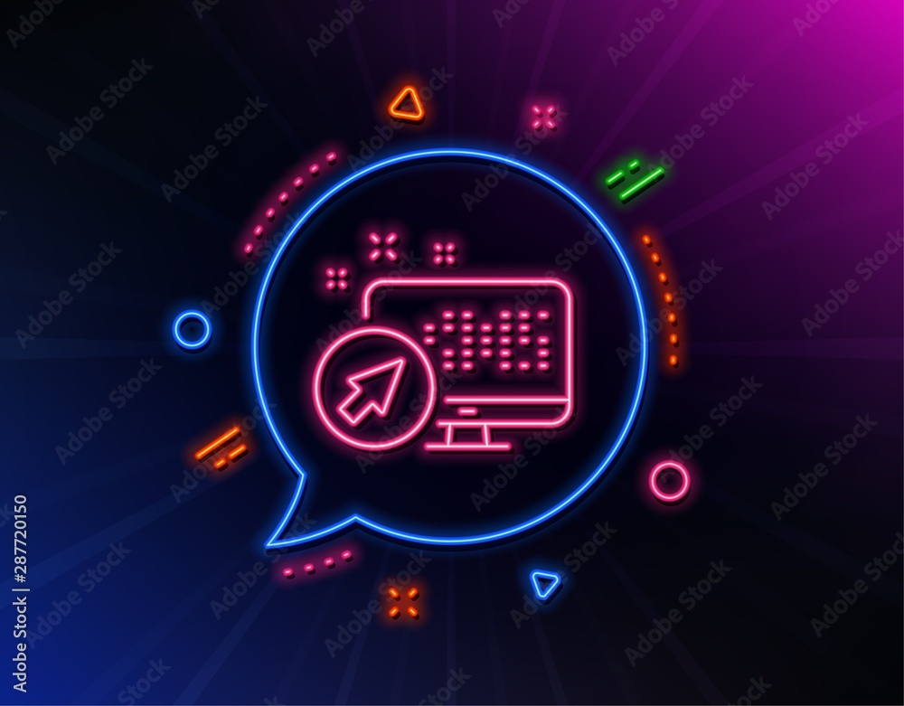 Computer line icon. Neon laser lights. Web system sign. Monitor symbol.  Glow laser speech bubble. Neon lights chat bubble. Banner badge with web  system icon. Vector vector de Stock | Adobe Stock