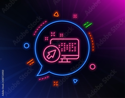 Computer line icon. Neon laser lights. Web system sign. Monitor symbol. Glow laser speech bubble. Neon lights chat bubble. Banner badge with web system icon. Vector