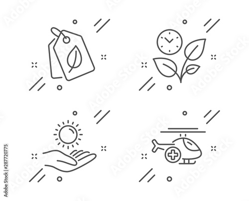 Sun protection, Bio tags and Leaves line icons set. Medical helicopter sign. Ultraviolet care, Leaf, Grow plant. Sky transport. Healthcare set. Line sun protection outline icon. Vector