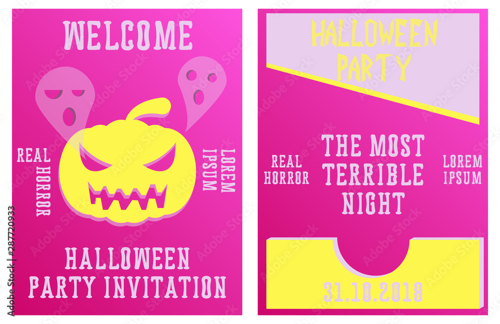 Fototapeta premium Set of Halloween Concepts. Vector Illustration. Pumpkin and Spider Web, Witch Hat and Cauldron, Skull and Bones, Night Party. Trick or Treat.