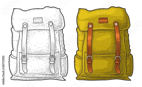 Hipster tourist backpack. Front view. Vector color vintage engraving