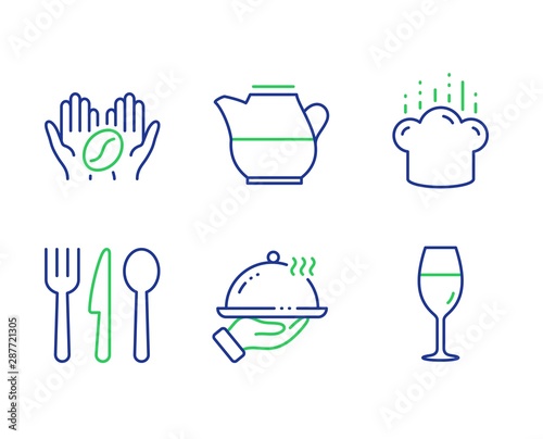 Restaurant food, Cooking hat and Coffee line icons set. Food, Milk jug and Wineglass signs. Room service, Chef, Roasted bean. Cutlery. Food and drink set. Line restaurant food outline icons. Vector