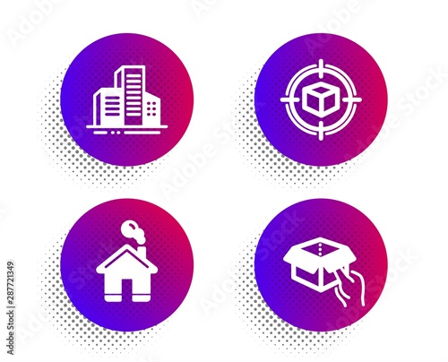 Home, Buildings and Parcel tracking icons simple set. Halftone dots button. Hold box sign. House building, City architecture, Box in target. Delivery parcel. Industrial set. Vector