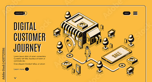 Digital customer journey map isometric landing page. Process of purchasing decision, buyer make purchase moving by specified route, promotion, search. 3d vector illustration, line art, web banner