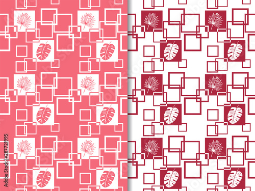 tropical palm leaves and square seamless floral pattern hand drawn leaves