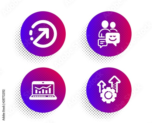 Web analytics, Communication and Direction icons simple set. Halftone dots button. Seo gear sign. Statistics, Business messages, Navigation pointer. Cogwheel. Technology set. Vector