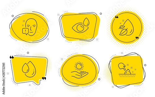 Water drop, Sun protection and Skin moisture signs. Chat bubbles. Face attention, Oil drop and Eye drops line icons set. Exclamation mark, Serum, Check vision. Serum oil. Medical set. Vector