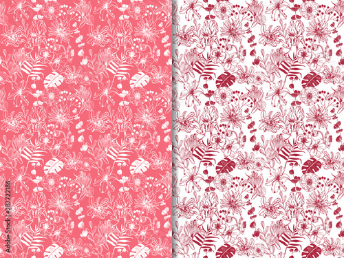 flowers and tropical palm leaves seamless floral pattern hand drawn flowers