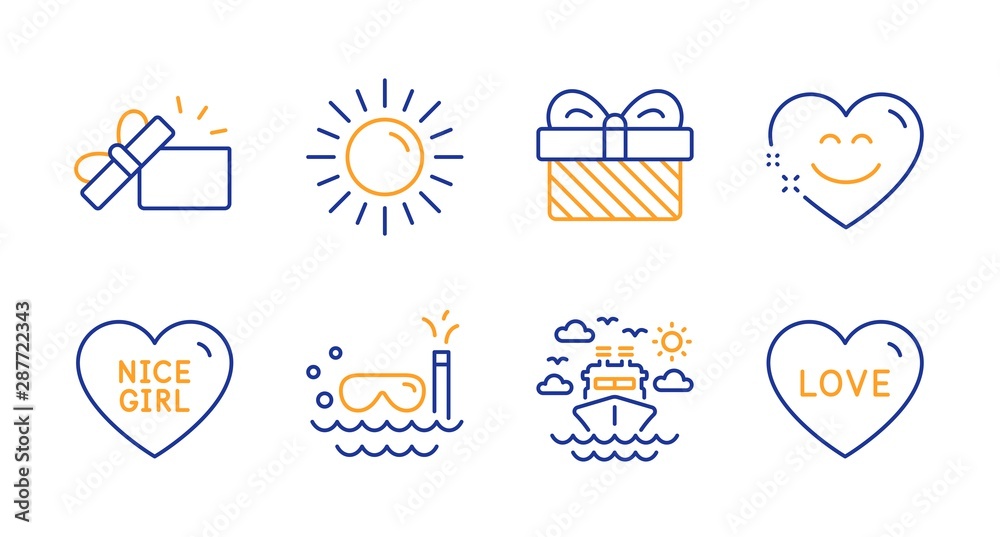 Fototapeta premium Smile chat, Scuba diving and Sun line icons set. Nice girl, Gift and Opened gift signs. Ship travel, Love symbols. Heart face, Trip swimming. Holidays set. Line smile chat icon. Vector