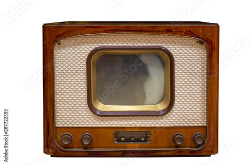 Vintage Television  Old Tv Isolated on White Background. Old-fashioned Television Close Up. Old Grungy Vintage Tv Retro Technology.