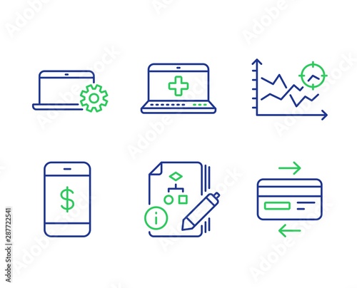 Notebook service, Smartphone payment and Medical help line icons set. Seo analysis, Algorithm and Credit card signs. Computer repair, Mobile pay, Medicine laptop. Targeting chart. Vector