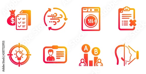 Wind energy, Idea and Identification card line icons set. Accounting wealth, Dryer machine and Reject checklist signs. Ab testing, Face id symbols. Breeze power, Solution. Technology set. Vector
