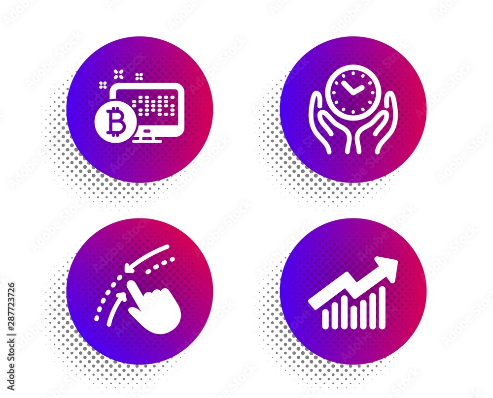 Bitcoin system, Swipe up and Safe time icons simple set. Halftone dots button. Demand curve sign. Cryptocurrency monitor, Touch down, Hold clock. Statistical report. Technology set. Vector Bitcoin system, Swipe up and Safe time icons simple set. Halftone dots button. Demand curve sign. Cryptocurrency monitor, Touch down, Hold clock. Statistical report. Technology set. Vector