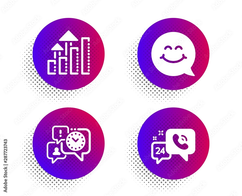 Analysis graph, Smile face and Time management icons simple set. Halftone dots button. 24h service sign. Targeting chart, Chat, Office chat. Call support. Business set. Vector