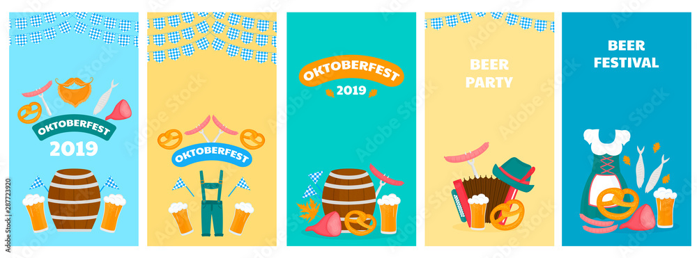 Oktoberfest - Bavarian festival. Posters with glasses and barrels of beer, pretzel and accordion. Traditional German food and clothing. Vertical banners for social media, for advertising, sale.