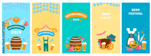 Oktoberfest - Bavarian festival. Posters with glasses and barrels of beer, pretzel and accordion. Traditional German food and clothing. Vertical banners for social media, for advertising, sale.