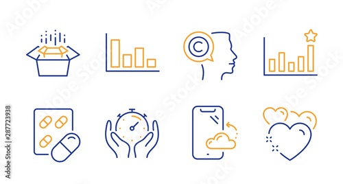 Efficacy, Smartphone cloud and Capsule pill line icons set. Histogram, Writer and Timer signs. Packing boxes, Heart symbols. Business chart, Phone backup. Business set. Line efficacy icon. Vector
