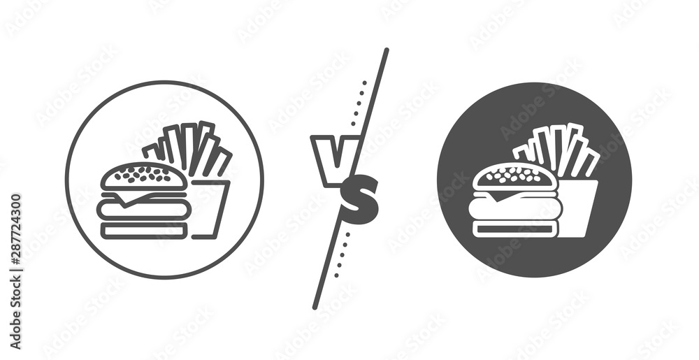 Fast food restaurant sign. Versus concept. Burger with fries line icon. Hamburger or cheeseburger symbol. Line vs classic burger icon. Vector Fast food restaurant sign. Versus concept. Burger with fries line icon. Hamburger or cheeseburger symbol. Line vs classic burger icon. Vector