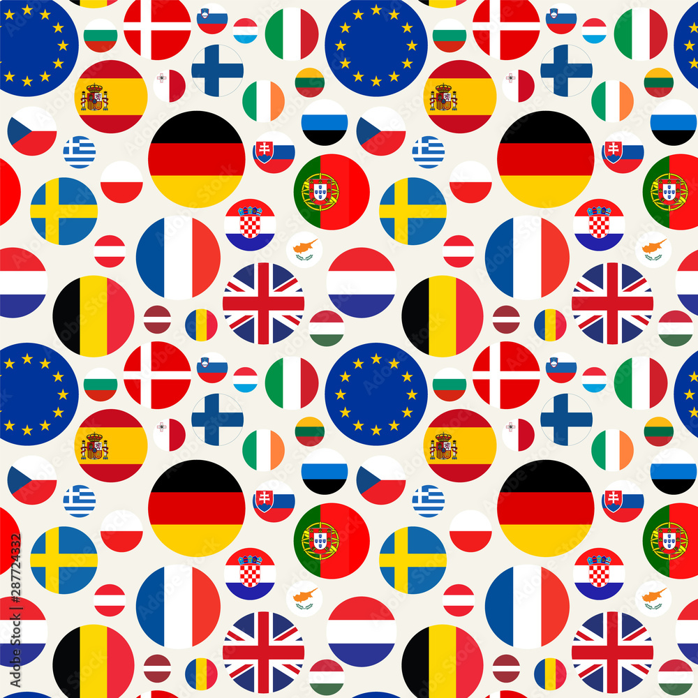 Seamless political pattern with European Union countries flags. Vector colorful illustration with set EU members emblems. Seamless political pattern with European Union countries flags. Vector colorful illustration with set EU members emblems.