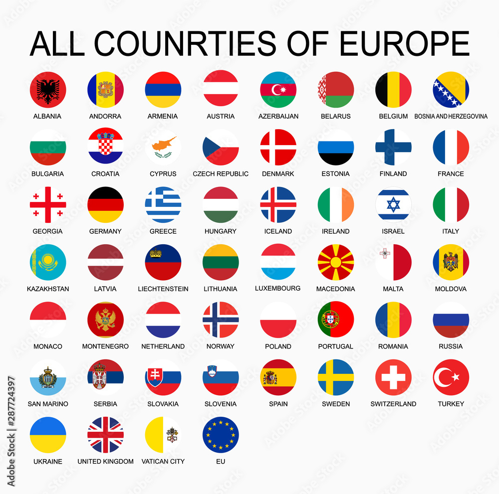 Vector set all flags of Europe, round shape.