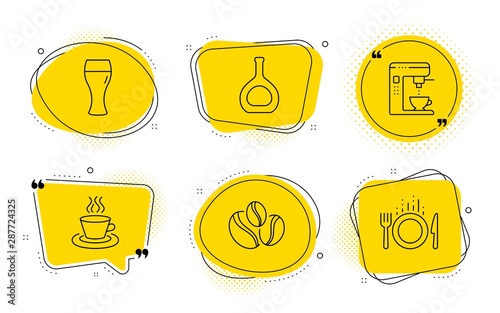 Cognac bottle, Coffee maker and Food signs. Chat bubbles. Coffee-berry beans, Tea cup and Beer glass line icons set. Coffee beans, Brewery beverage, Brandy alcohol. Tea machine. Vector