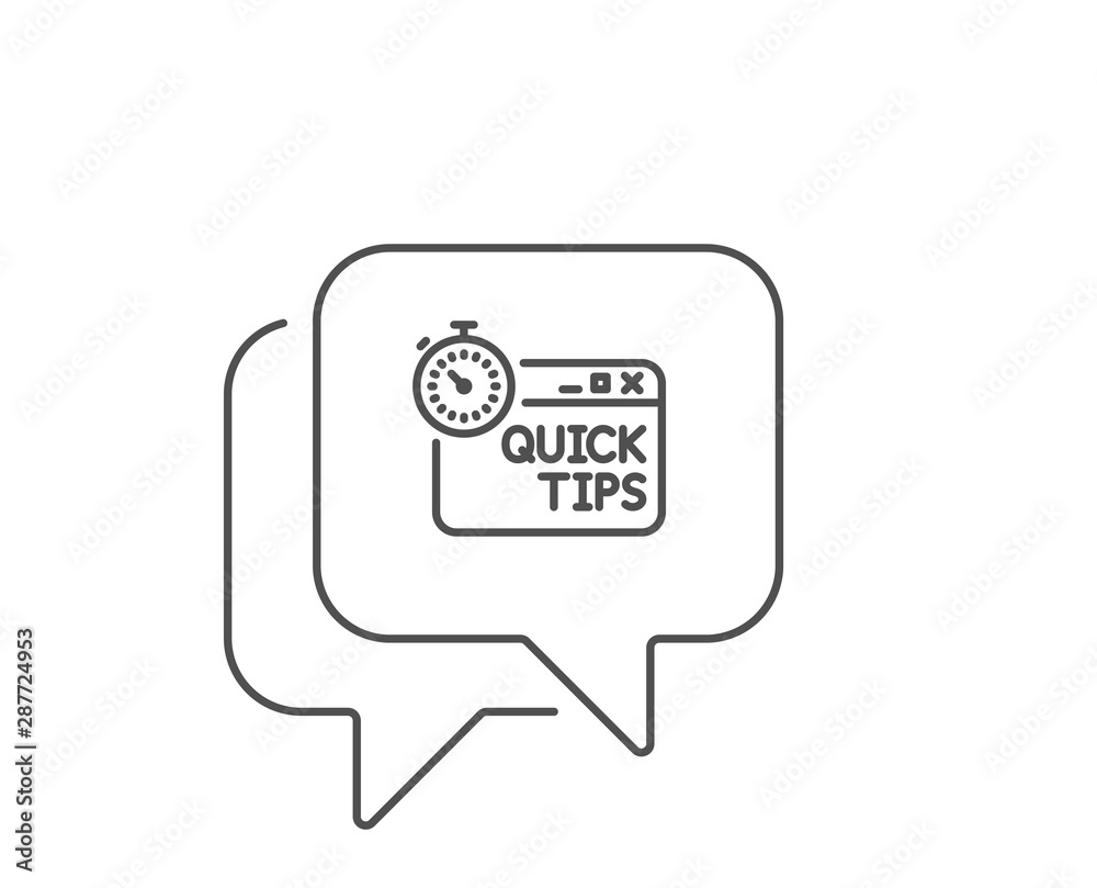 Quick tips line icon. Chat bubble design. Helpful tricks sign. Tutorials with timer symbol. Outline concept. Thin line quick tips icon. Vector