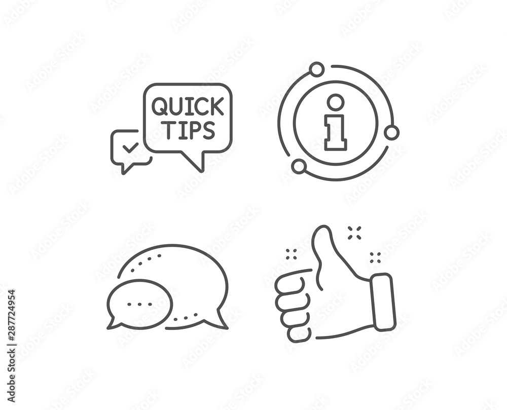 Quick tips line icon. Chat bubble, info sign elements. Helpful tricks speech bubble sign. Linear quick tips outline icon. Information bubble. Vector Quick tips line icon. Chat bubble, info sign elements. Helpful tricks speech bubble sign. Linear quick tips outline icon. Information bubble. Vector