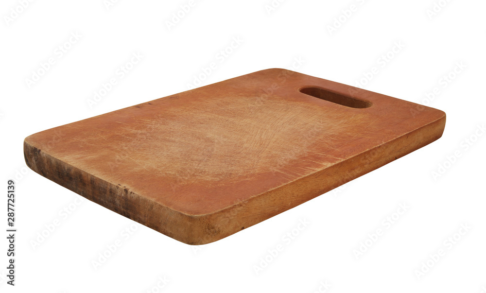 Old wooden cutting board isolated on white background