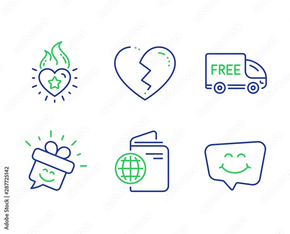 Fototapeta premium Free delivery, Broken heart and Heart flame line icons set. Travel passport, Smile and Smile chat signs. Shopping truck, Love end, Love fire. Trip document. Holidays set. Vector