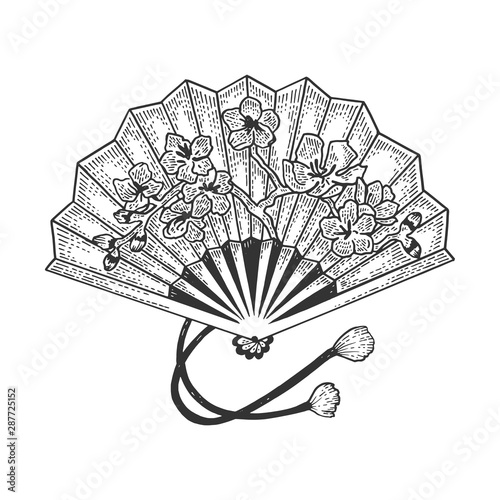 Japanese hand fan sketch engraving vector illustration. Tee shirt apparel print design. Scratch board style imitation. Hand drawn image.