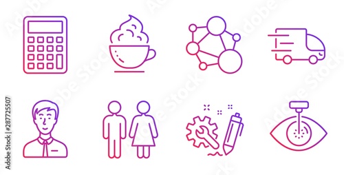 Integrity, Restroom and Engineering line icons set. Businessman person, Truck delivery and Calculator signs. Coffee cup, Eye laser symbols. Social network, Wc toilet. Business set. Vector