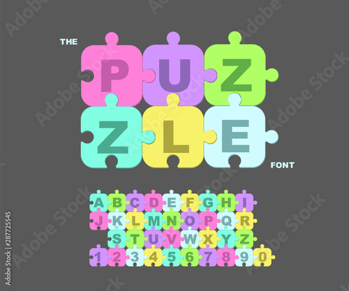 Children s font in the cartoon style. Colorful Background Puzzle.