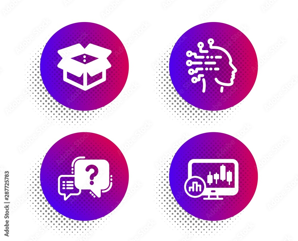 Artificial intelligence, Question mark and Open box icons simple set. Halftone dots button. Candlestick chart sign. Mind intellect, Quiz chat, Delivery package. Report analysis. Technology set. Vector