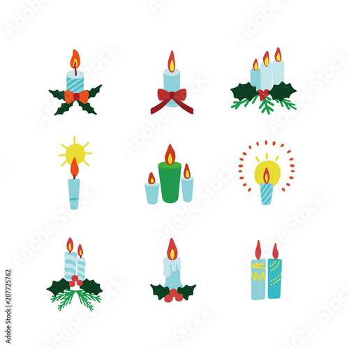 Set of Christmas candles Illustration with fir branches and holly. Vector illustration.