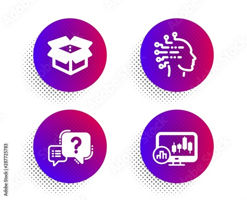 Artificial intelligence, Question mark and Open box icons simple set. Halftone dots button. Candlestick chart sign. Mind intellect, Quiz chat, Delivery package. Report analysis. Technology set. Vector