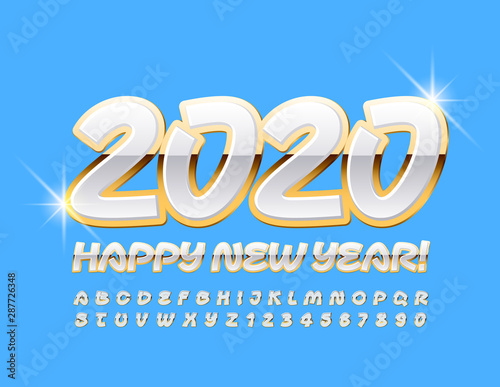 Vector chic Greeting Card Happy New Year 2020. Luxury White and Golden Font. Stylish Alphabet Letters and Numbers. 