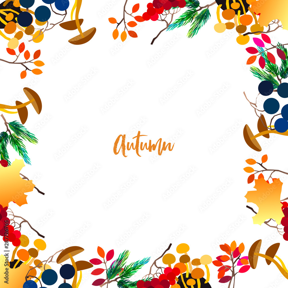 Autumn vector frame with berries, acorns, pine cone, mushrooms, branches and leaves. Autumn vector frame with berries, acorns, pine cone, mushrooms, branches and leaves.