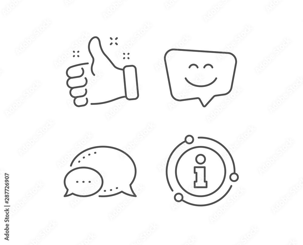 Obraz premium Smile face line icon. Chat bubble, info sign elements. Happy emoticon chat sign. Speech bubble symbol. Linear smile face outline icon. Information bubble. Vector
