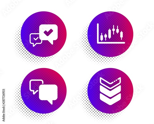 Speech bubble, Approve and Candlestick graph icons simple set. Halftone dots button. Shoulder strap sign. Chat message, Accepted message, Finance chart. Army rank. Education set. Vector