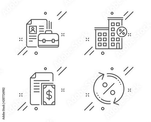 Vacancy, Loan house and Payment line icons set. Loan percent sign. Hiring job, Discount percent, Cash money. Change rate. Finance set. Line vacancy outline icon. Vector