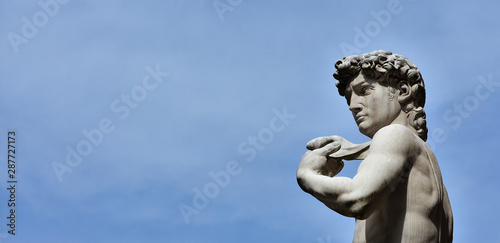 Michelangelo s David  symbol of Renaissance. Replica statue in Piazza della Signoria Square  Florence. A masterpiece of sculpture  created in 1504  with copy space 
