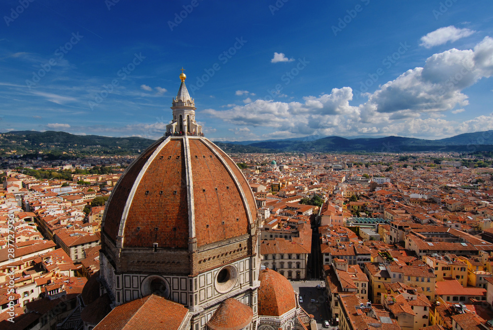 Aerial view of Florence historic center with St Mary of the Flowers wonderful renaissance dome